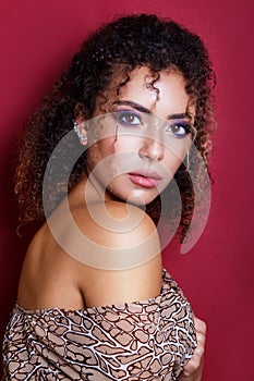 Close-up portrait of a beautiful young african american female fashion model with curly hair