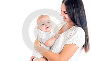 Close up portrait of beautiful young mother with her newborn baby smiling in her hands. Healthcare and medical love lifestyle