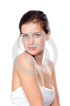 Close-up portrait of beautiful young woman with healthy clean sk