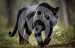 Close up portrait of black jaguar walking