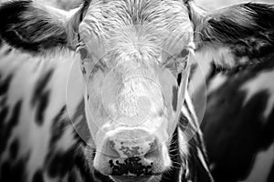 Close up portrait of a black and white cow