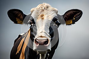 Close up portrait of a black and white cow with a blurred background. ai generated