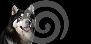 Close-up portrait of a black and white malamute with space for text. Generative AI