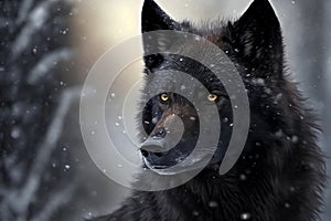 A Close-Up Portrait of a Black Wolf in Winter Snow. Generative AI