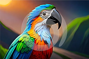 Close up portrait of blue and yellow macaw ai generated.