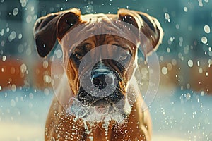 Close up Portrait of a Boxer Dog with Captivating Eyes in Sunlit Snowfall