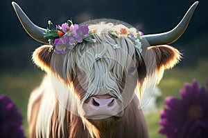 Close-up portrait of a brown cow with a wreath of flowers