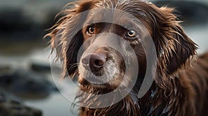 Close up portrait of brown Nova Scotia Duck Tolling Retriver dog get wet after playing in the water