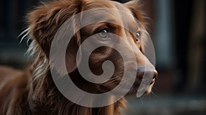 Close up portrait of brown Nova Scotia Duck Tolling Retriver dog looking at something