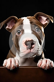 Close up portrait of brown and white pitbull puppy, created using generative ai technology