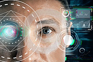 Close up portrait of businessman with creative eye scanning interface hud screen on dark background. Biometrics ID concept. Double