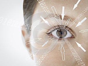 Close-up portrait of businesswoman with binary digits and arrow signs moving towards her eye against white background