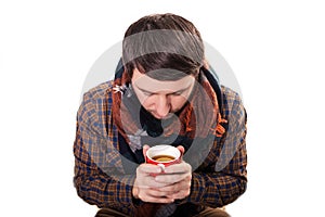 Close up portrait of a businesswoman drinking coffee outdoors. Isolated on white background.