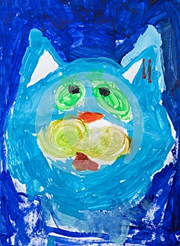 Close up. Portrait of a cartoon cat with blue wool. Children`s drawing paints. Creative activities with children 4-5 years old on