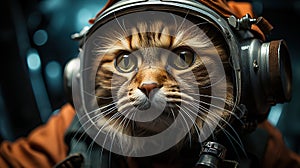 Close-up portrait of a cat in an astronaut helmet