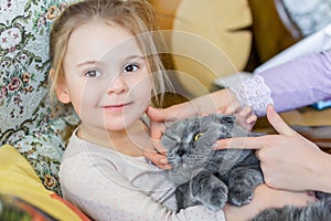 Close-up portrait of cat being hugged by child. Pet with strained smile . Kitten patience. Best friends. Pet care