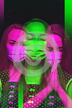 Close up portrait of caucasian woman wearing face mask on studio background. Modern and trendy duotone effect, double