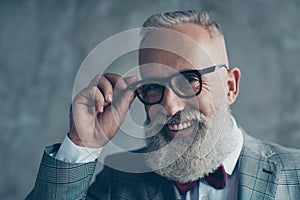 Close up portrait of cheerful affable stylish trendy rich intelligent smart dreamy professional elegant excited elite luxurious o