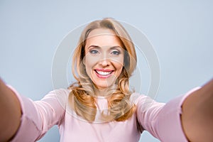 Close up portrait of cheerful happy joyful with toothy beaming s