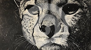 Close-up portrait of a cheetah's face, in monochrome photo
