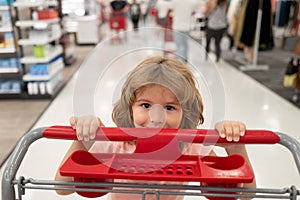 Close up portrait of child with shopping basket purchasing food in a grocery store. Customers family buying products at