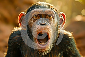 Close Up Portrait of a Chimpanzee with Open Mouth Against a Blurred Natural Background in Warm Light