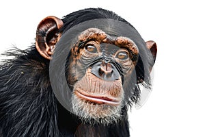 Close-up portrait of a chimpanzee on a white background