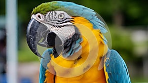 close up portrait of colorful blue and yellow macaw parrot