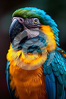 close up portrait of colorful blue and yellow macaw parrot Ara. vertical orientation