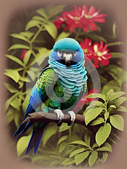 close up portrait of colorful blue and yellow macaw parrot in forest, Ai generated