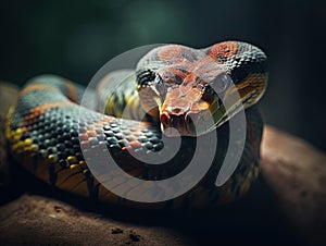 Close-up portrait of colorful jungle snake against dark background.