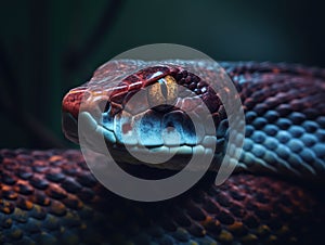 Close-up portrait of colorful jungle snake against dark background.