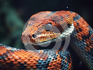 Close-up portrait of colorful jungle snake against dark background.