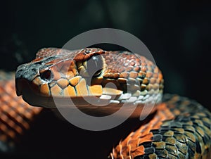 Close-up portrait of colorful jungle snake against dark background.