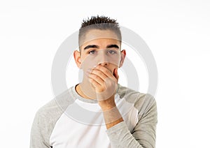 Close up portrait of concern shocked young man with frightened gestures. Scared face, shocked male