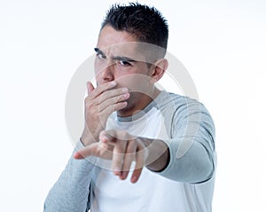 Close up portrait of concern shocked young man with frightened gestures. Scared face, shocked male