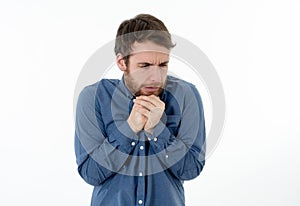 Close up portrait of concern shocked young man with frightened gestures. Scared facial expression