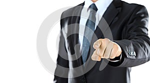 Close up portrait of confident business man pointing to you