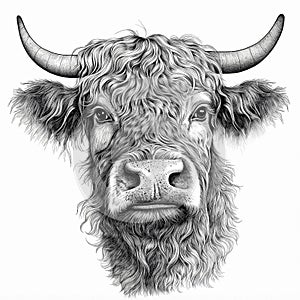 Close-up portrait of cow head with horns, line art on white background. Generative AI