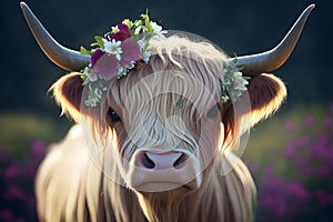 Close-up portrait of a cow with a wreath of flowers on her head