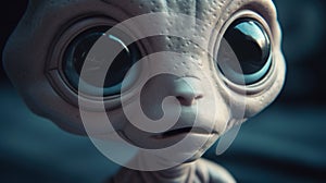 Close up portrait of a cute alien, big surprised eyes. Generative AI