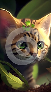 Close up portrait of cute baby Sand cat, tropical forest, Highly Detailed Illustration