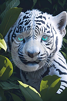 Close up portrait of cute baby white tiger, tropical forest, Highly Detailed Illustration