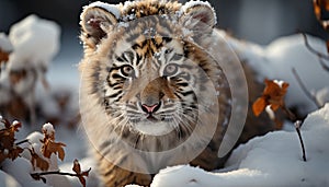 Close up portrait of a cute Bengal tiger in snowy forest generated by AI