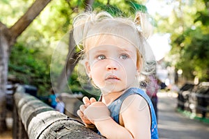 Close up portrait of cute bewildered little blondy toddler girl looking aside up and leaning on a wooden fence in the zoo or city