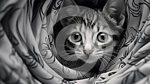 Close-up Portrait Of A Cute Black And White Cat Peeking Out Of Sage Green Fabric