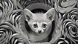 Close-up Portrait Of A Cute Fox Kitten Peeking Out Of A Black And White Photo Of Roses