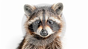 Close-up portrait of a cute and funny raccoon isolated on a white background, showing its playful and curious nature through its