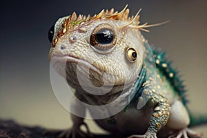 Close-up portrait of a cute green lizard with golden eyes