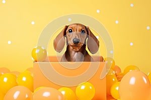 Close up portrait cute little adorable pedigree miniature Dachshund puppy hunting dog doggy positive curious expression